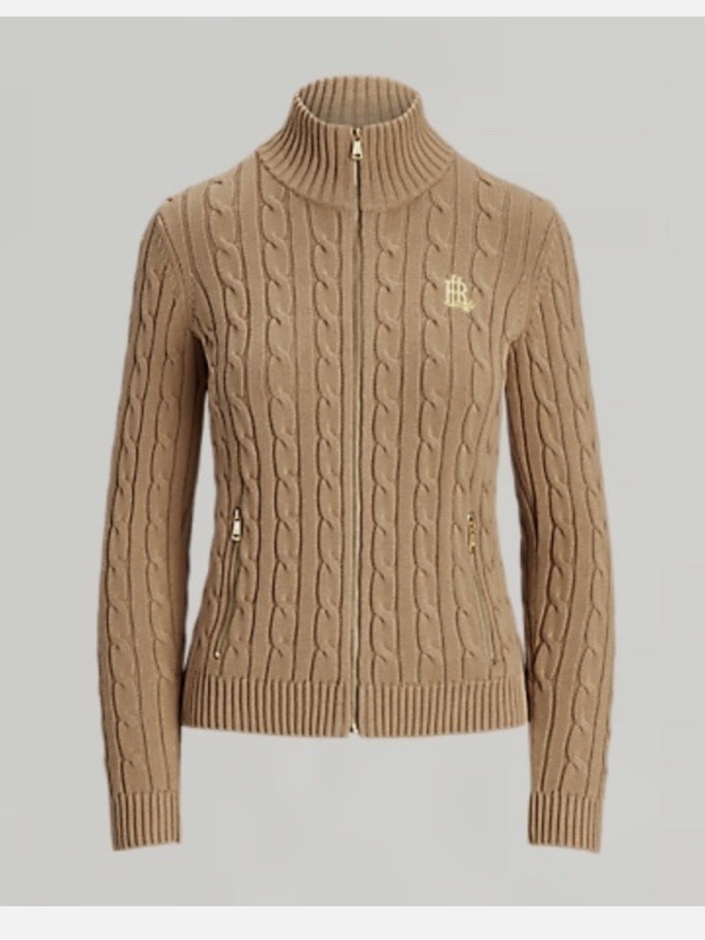 Lauren Ralph Lauren Zip-Front Cable Knit Cardigan in Camel Brown XS